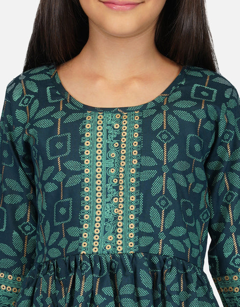 Indian Traditional Kids Wear Readymade Kurti With Patiyala Collection Green Pure Rayon Patiyala Suit Side View
