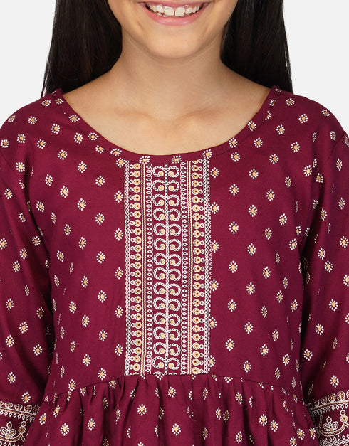Indian Traditional Kids Wear Readymade Kurti With Patiyala Collection Maroon Pure Rayon Patiyala Suit Side View