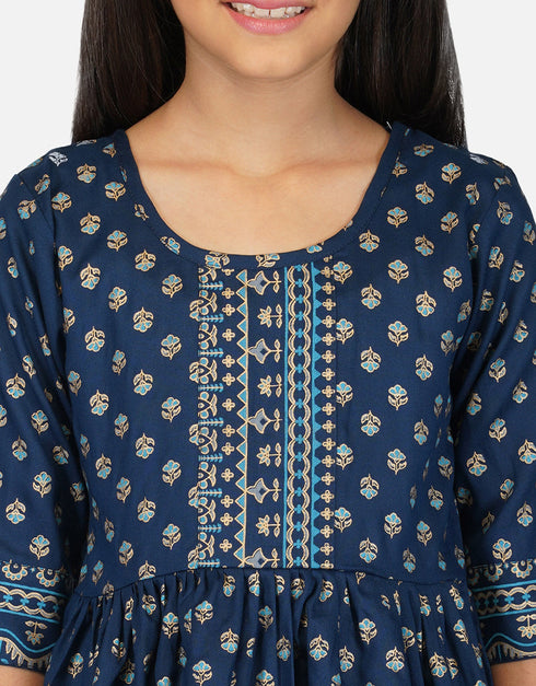 Indian Traditional Kids Wear Readymade Kurti With Patiyala Collection Teal Pure Rayon Patiyala Suit Side View
