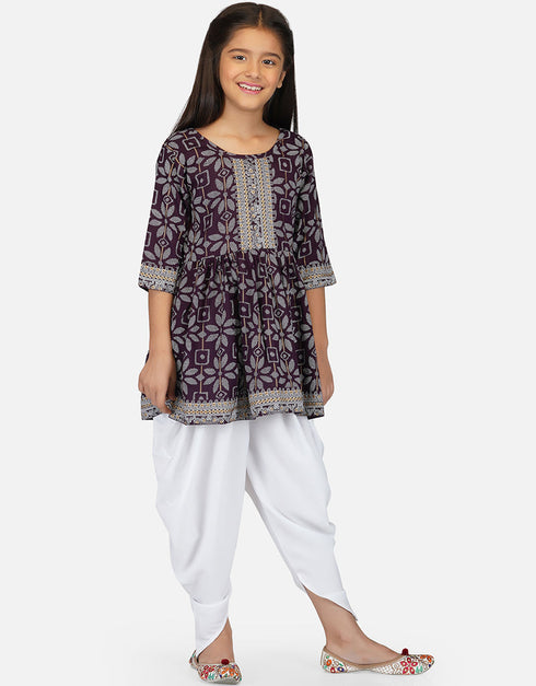Indian Traditional Kids Wear Readymade Kurti With Patiyala Collection Wine Pure Rayon Patiyala Suit Close-up View