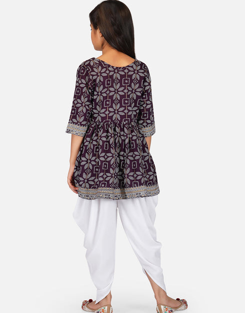 Indian Traditional Kids Wear Readymade Kurti With Patiyala Collection Wine Pure Rayon Patiyala Suit Back View