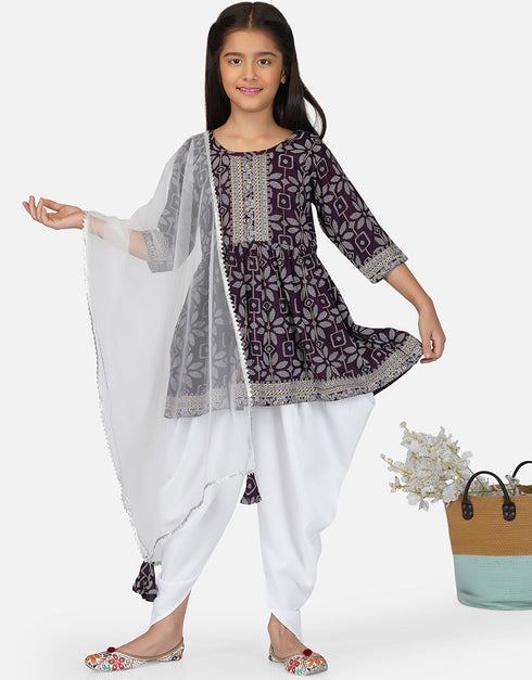 Indian Traditional Kids Wear Readymade Kurti With Patiyala Collection Wine Pure Rayon Patiyala Suit Front View