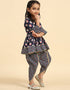 Indian Traditional Kids Wear Readymade Kurti With Dhoti Collection Navy Blue Cotton Patiyala Suit Close-up View