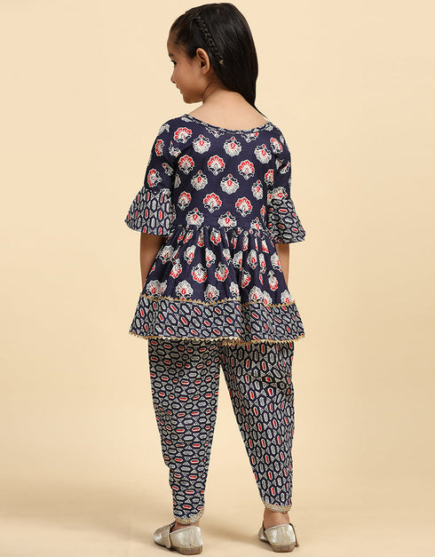 Indian Traditional Kids Wear Readymade Kurti With Dhoti Collection Navy Blue Cotton Patiyala Suit Back View