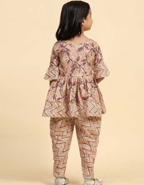 Indian Traditional Kids Wear Readymade Kurti With Dhoti Collection Coffee Cotton Patiyala Suit Back View