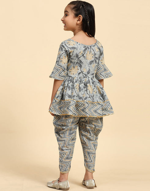 Indian Traditional Kids Wear Readymade Kurti With Dhoti Collection Grey Cotton Patiyala Suit Back View