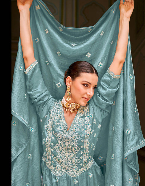 chic aqua blue real premium silk traditional function wear heavy salwar suit collection with aqua blue real premium silk rt8784-184142 Close-up View