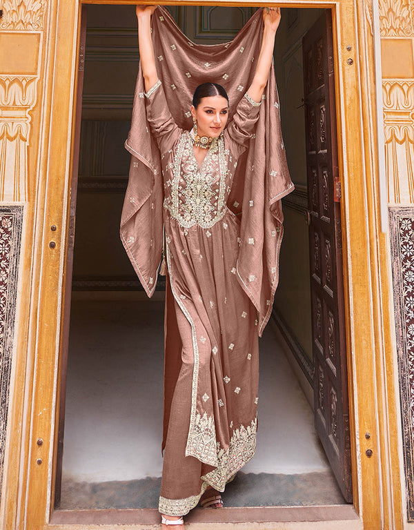 trendy coffee real premium silk traditional function wear heavy salwar suit collection with coffee real premium silk rt8784-184143 Front View