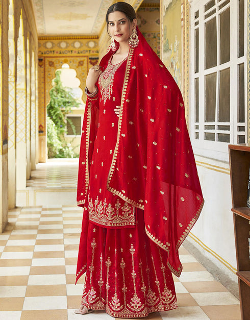 stylish red real premium silk designer party wear heavy sharara suit collection with red real premium silk rt8819-184306 Front View
