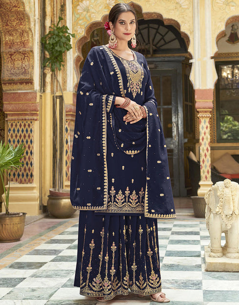 chic navy blue real premium silk designer party wear heavy sharara suit collection with navy blue real premium silk rt8819-184307 Front View