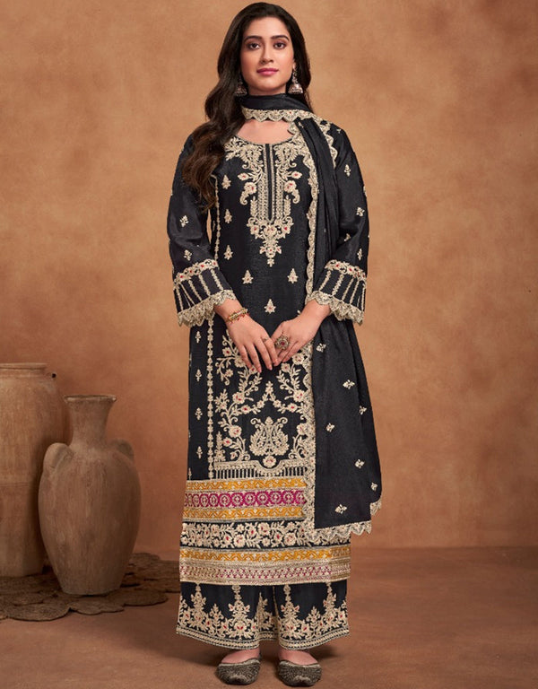 sleek black heavy chinon designer function wear heavy salwar suit collection with black heavy premium chinon rt8919-184837 Front View