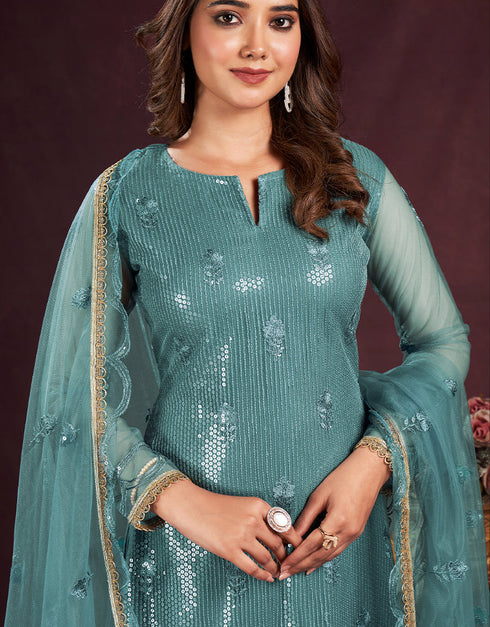 stylish turquoise blue butterfly net designer function wear heavy salwar suit collection with turquoise blue american crepe rt8921-184842 Close-up View