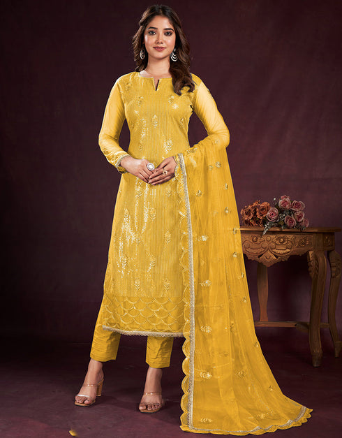 chic mustard butterfly net designer function wear heavy salwar suit collection with mustard american crepe rt8921-184843 Front View
