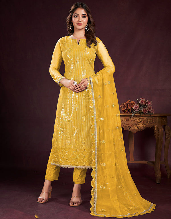 chic mustard butterfly net designer function wear heavy salwar suit collection with mustard american crepe rt8921-184843 Front View