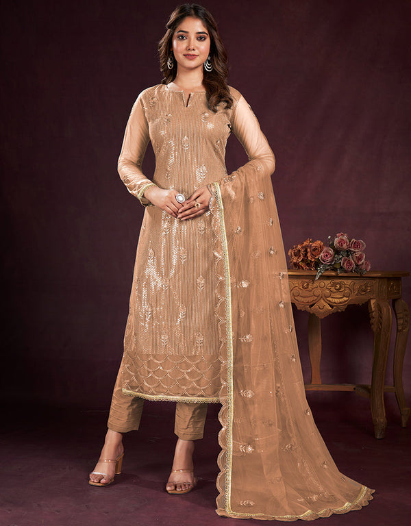 elegant light brown butterfly net designer function wear heavy salwar suit collection with light brown american crepe rt8921-184845 Front View