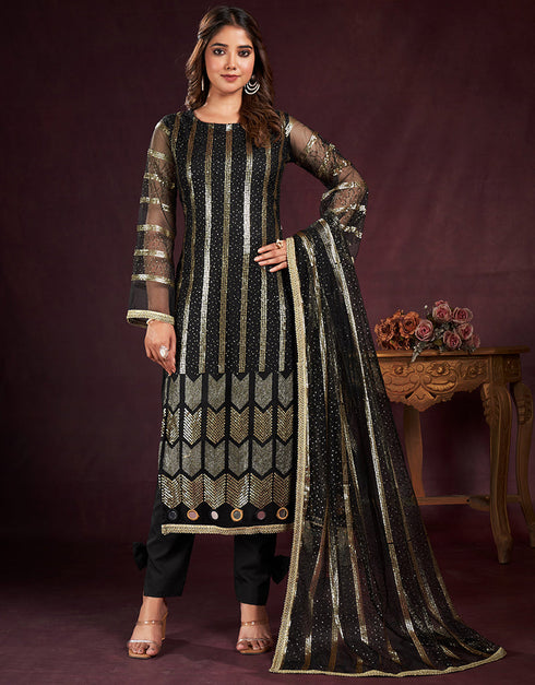 modern black butterfly net designer function wear heavy salwar suit collection with black american crepe rt8921-184848 Front View
