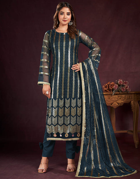 glamorous teal butterfly net designer function wear heavy salwar suit collection with teal american crepe rt8921-184850 Front View