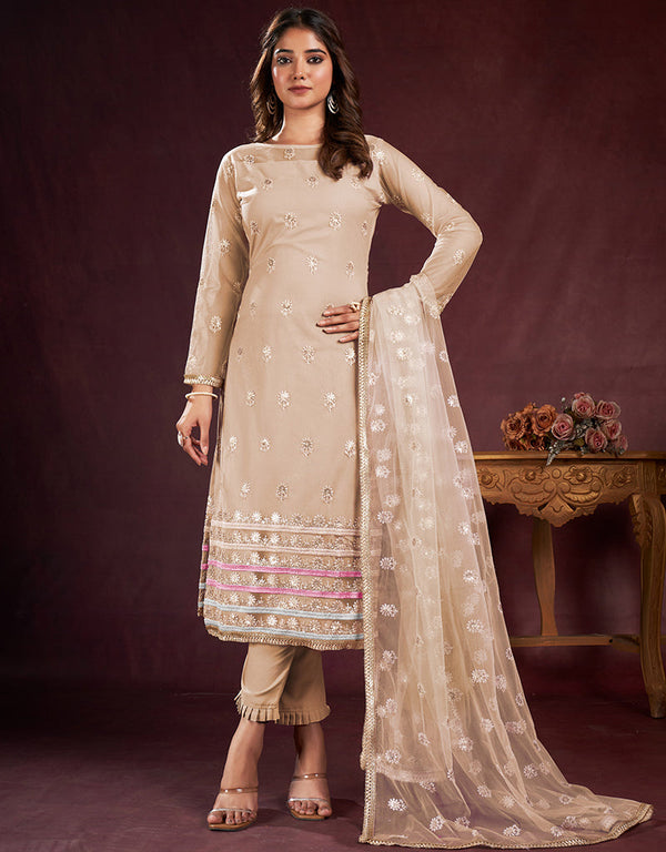elegant beige butterfly net designer function wear heavy salwar suit collection with beige american crepe rt8921-184856 Front View