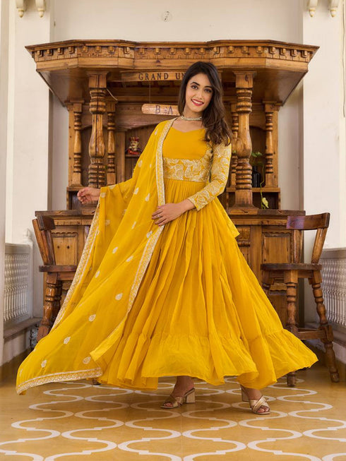 Yellow Fox Georgette Anarkali Dress 192762 Closure View