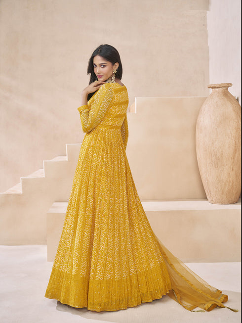 Yellow Real Georgette Anarkali Dress 192852 Closure View