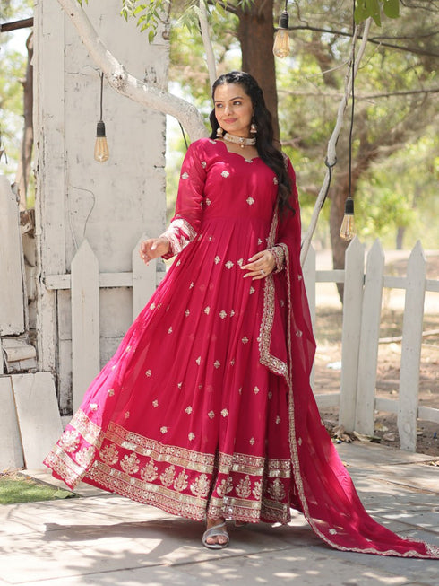 Rani Pink Faux Blooming Anarkali Dress 192885 Closure View