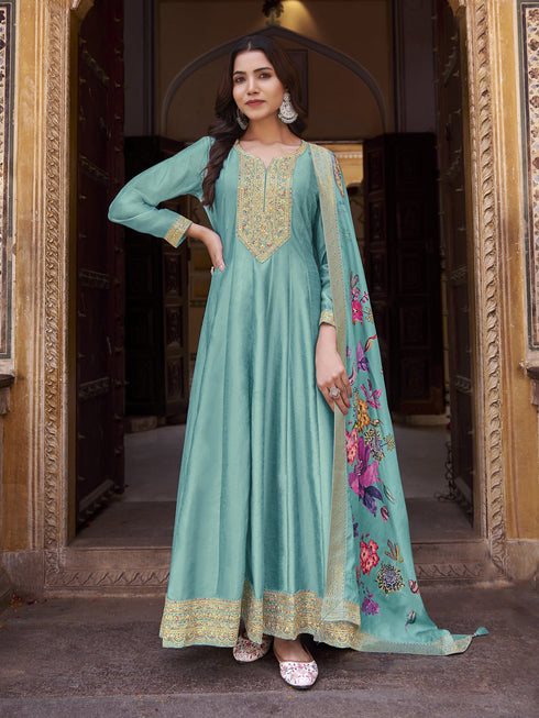 Aqua Blue Heavy Vichitra Silk Anarkali Dress 192976