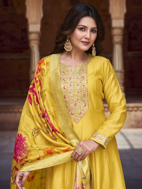 Yellow Heavy Vichitra Silk Anarkali Dress 192977 Closure View