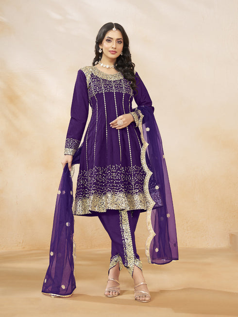 Purple Heavy Art Silk Patiyala Dress 193969 Closure View