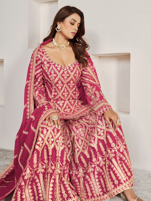 Rani Pink Premium Chiffon Sharara Suit 194016 Back View
