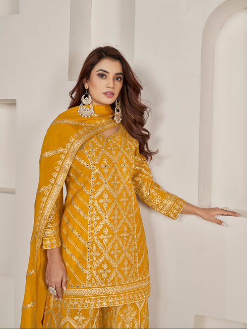 Mustard Premium Chiffon Sharara Suit 194017 Back View