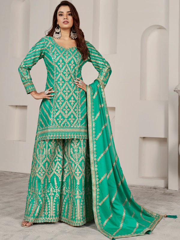 Sea Green Premium Chiffon Sharara Suit 194018