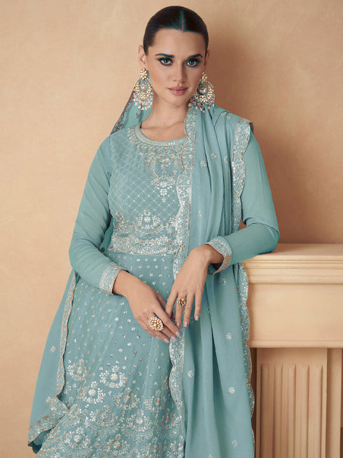 Aqua Blue Heavy Chinon Sharara Suit 194127 Closure View