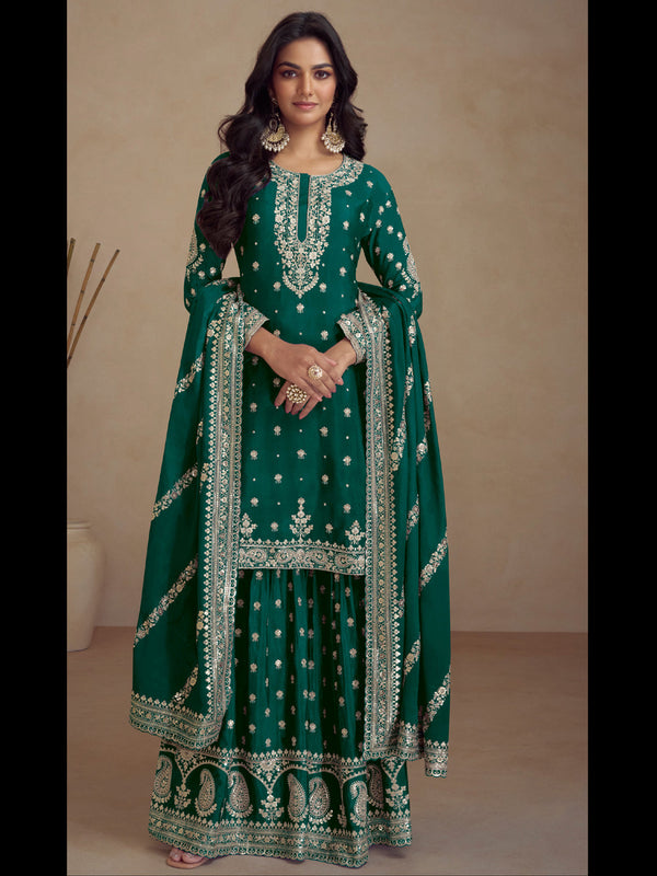 Green Heavy Silk Sharara Suit 194359