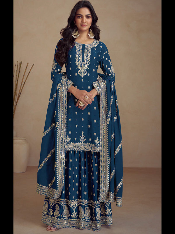 Teal Heavy Silk Sharara Suit 194361