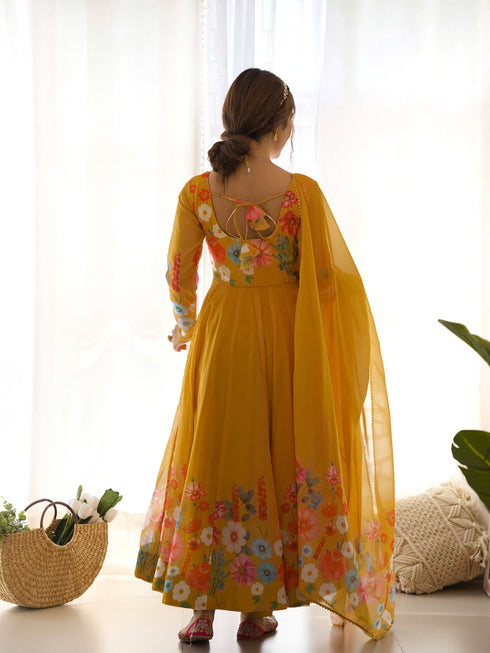 Mustard Heavy Pure Soft Organza Silk Anarkali Suit 194897 Closure View