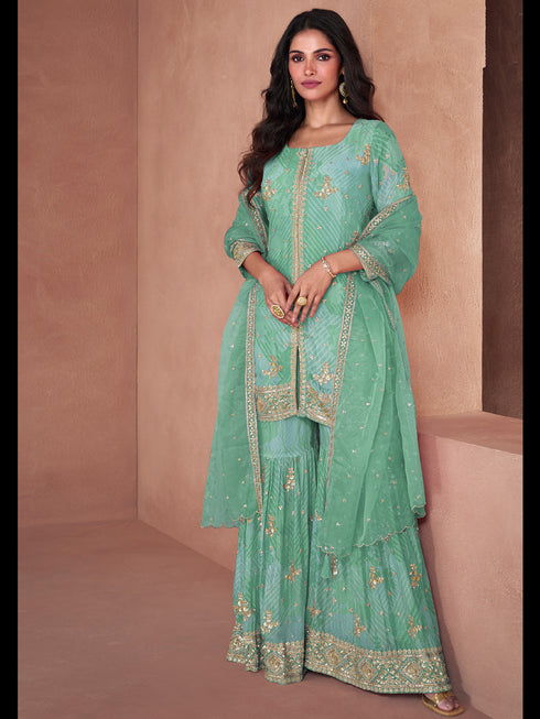 Mint Heavy Fox Georgette Sharara Suit 195050