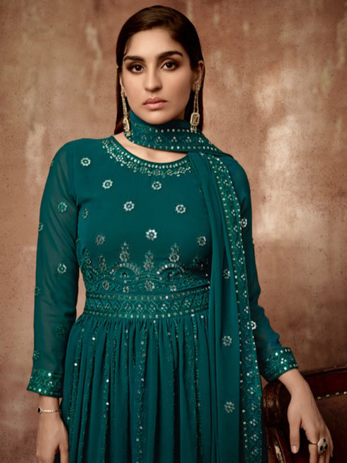 Teal Heavy Georgette Anarkali Dress 195173 Closure View