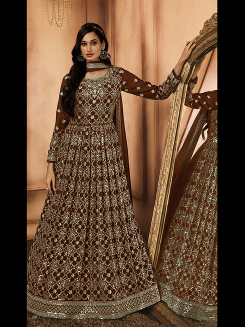 Coffee Heavy Georgette Anarkali Dress 195179