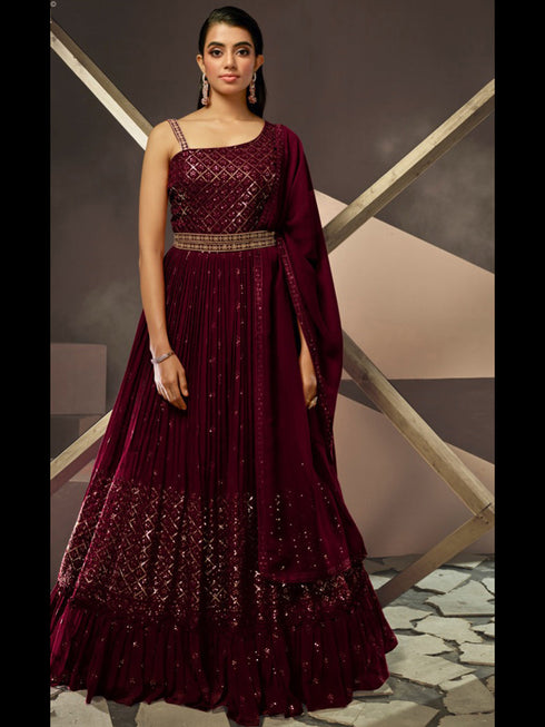 Wine Heavy Georgette Anarkali Dress 195194