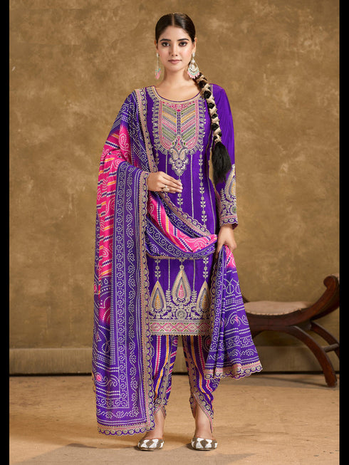 Purple Premium Fiber Chinnon Patiyala Dress 195198
