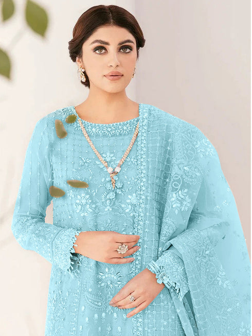 Sky Blue Heavy Organza Sharara Suit 195676 Closure View