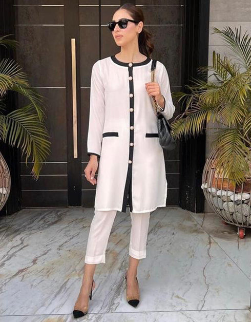 Designer Party Wear Readymade Co-Ords Set Off White Fluid Crepe Silk Pant Shirt Front View