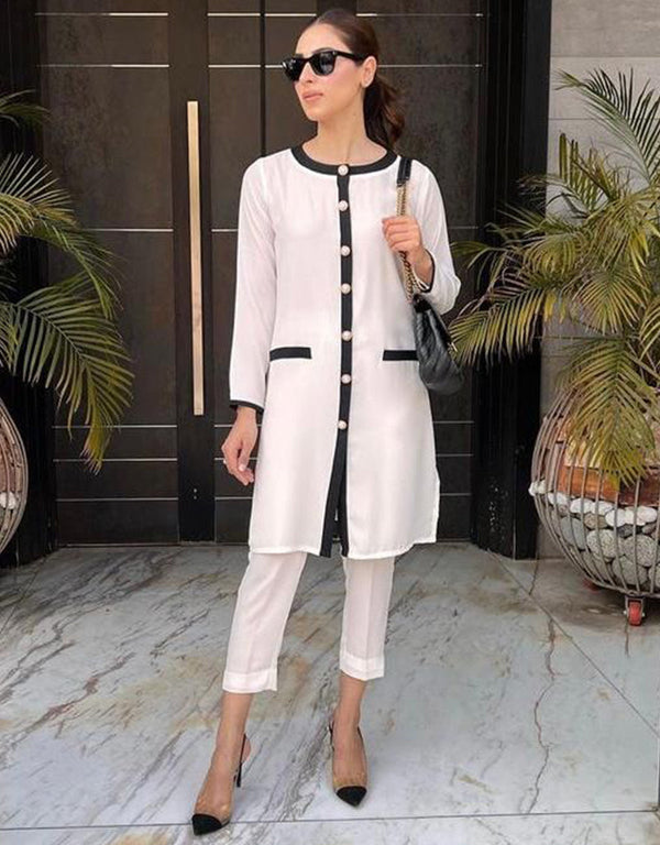 Designer Party Wear Readymade Co-Ords Set Off White Fluid Crepe Silk Pant Shirt Front View