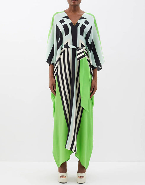 Designer Party Wear Belt Style Kaftan Maxi Dress Green Silk Crepe Maxi Dress Front View