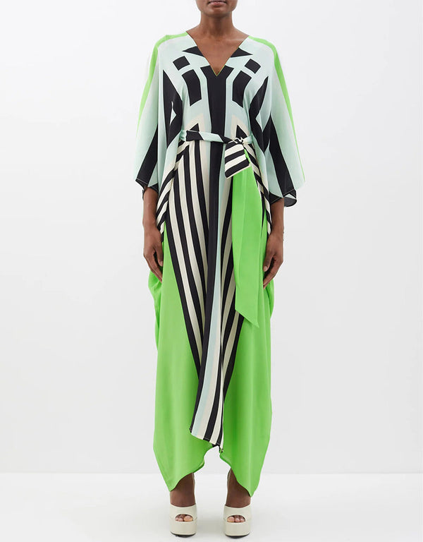 Designer Party Wear Belt Style Kaftan Maxi Dress Green Silk Crepe Maxi Dress Front View