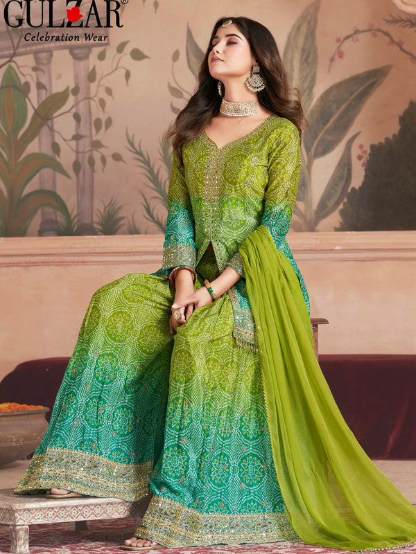 Green Sharara style Suit Readymade Designer Salwar Suit Salwar Kameez in Jari Sequence,Mirror Embroidery With Digital Work