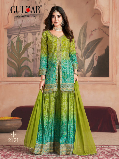 Green Sharara style Suit Readymade Designer Salwar Suit Salwar Kameez in Jari Sequence,Mirror Embroidery With Digital Work Closure View