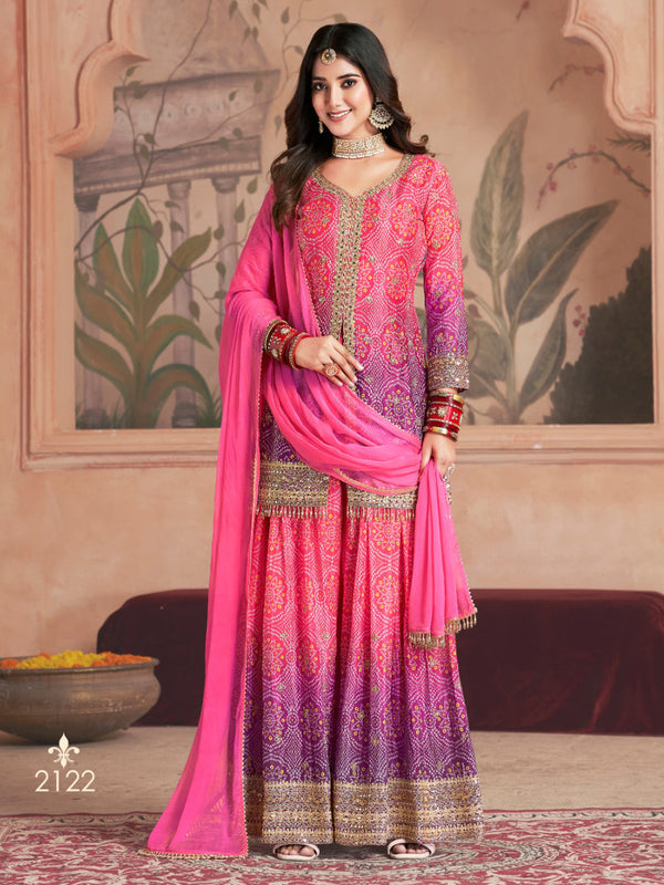 Pink Sharara style Suit Readymade Designer Salwar Suit Salwar Kameez in Jari Sequence,Mirror Embroidery With Digital Work