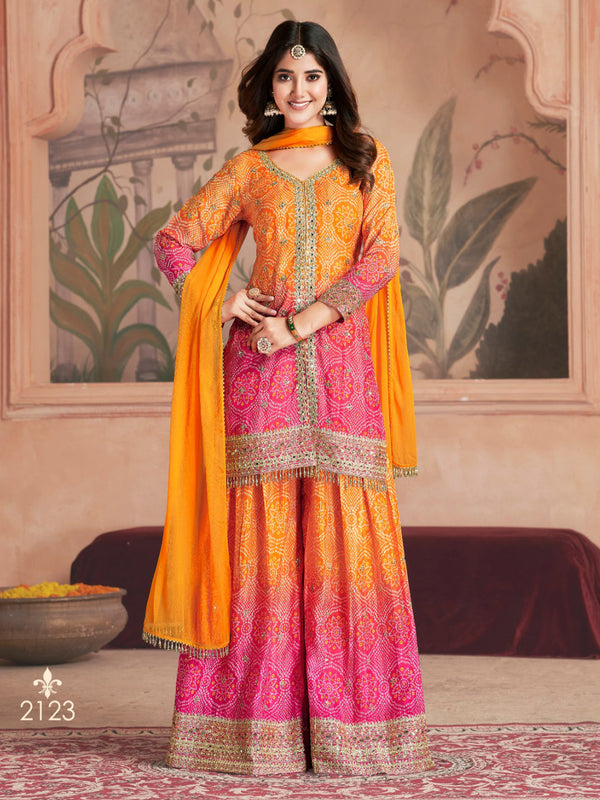 Yellow Sharara style Suit Readymade Designer Salwar Suit Salwar Kameez in Jari Sequence,Mirror Embroidery With Digital Work