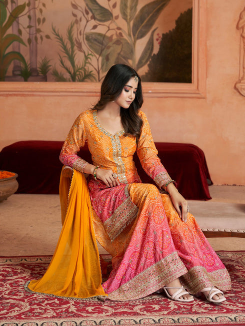 Yellow Sharara style Suit Readymade Designer Salwar Suit Salwar Kameez in Jari Sequence,Mirror Embroidery With Digital Work Closure View